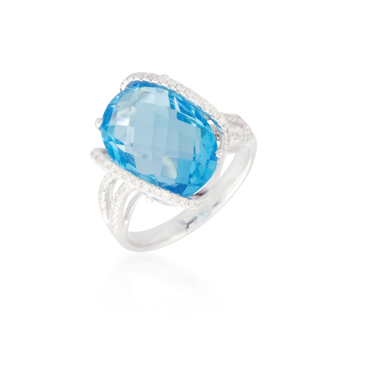 Oval Blue Topaz Ring with Side Diamonds