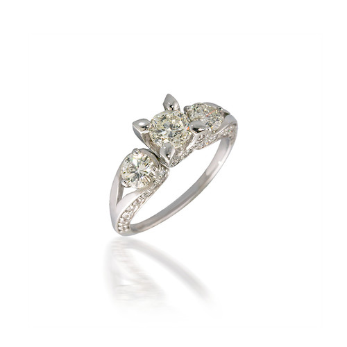 Three Stone Round Diamond Engagement Ring with Bead-Set Details