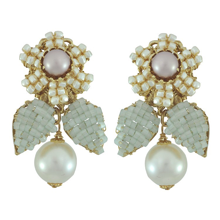 Miriam Haskell Green Pearl Drop Earrings