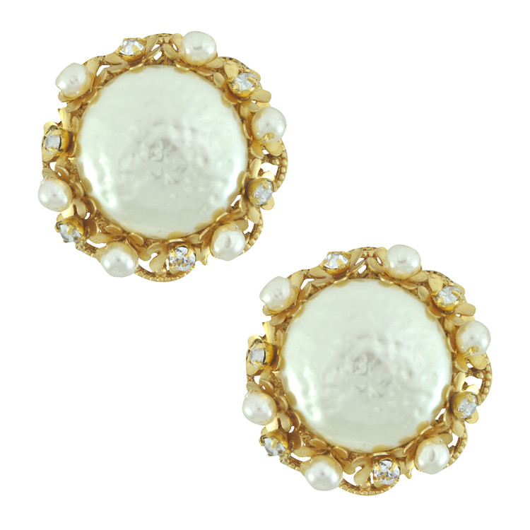 Miriam Haskell Large Button Pearl Earrings