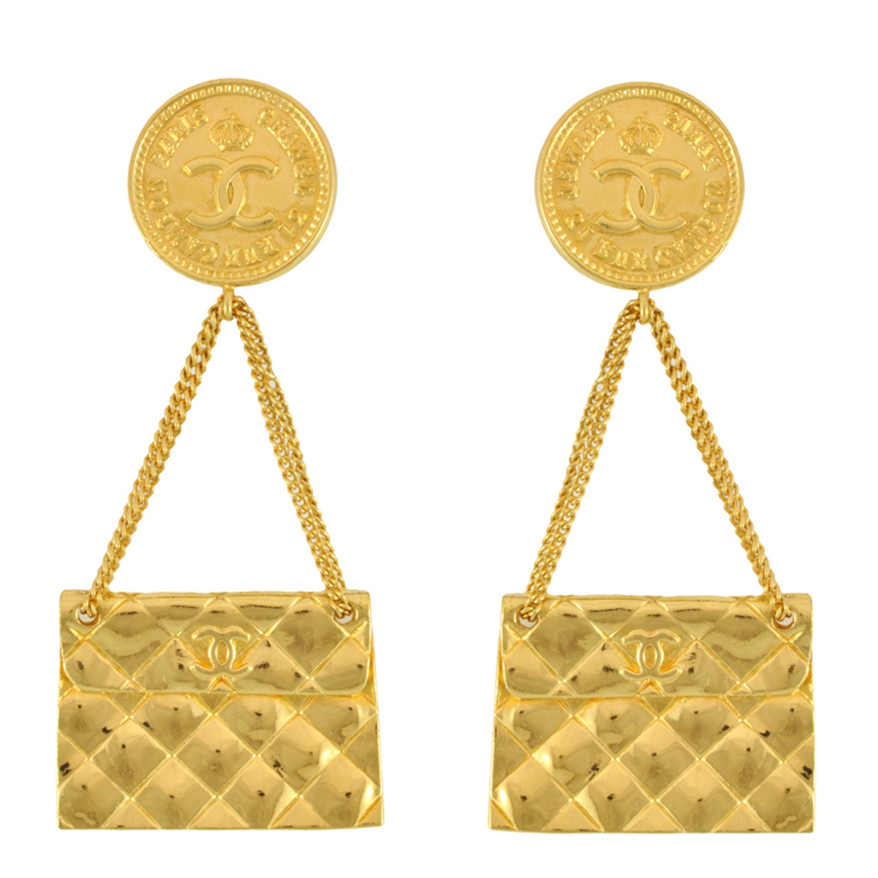 Authentic vintage Chanel earrings huge swing gold CC hoop dangle clip