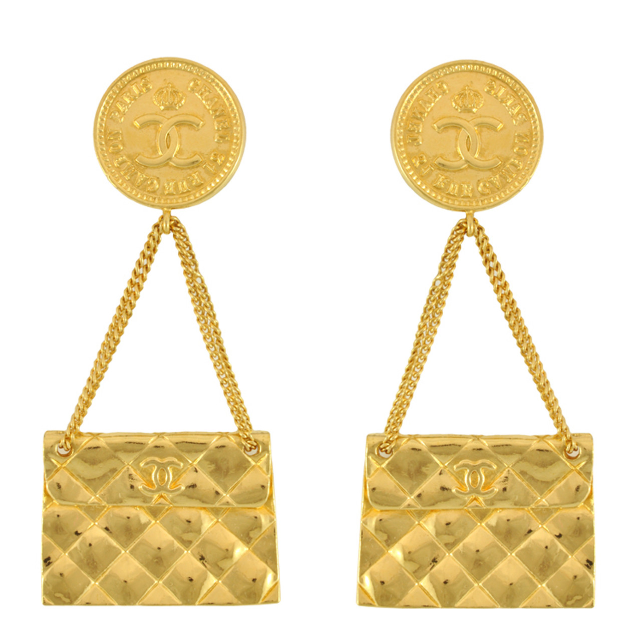 Vintage Chanel Gold Quilted Bag Earrings