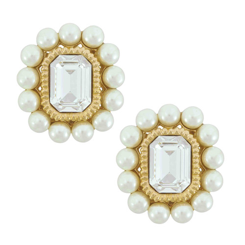 Ciner Crystal Pearl Octagan Button Earrings