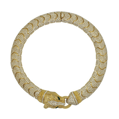 Ciner Crystal Black Gold Panther Head Link Necklace