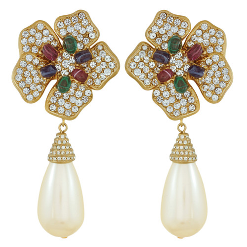 Ciner Multi Color Flower Pearl Drop Earrings
