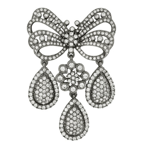 Ciner Crystal Gunmetal Bow Drop Brooch