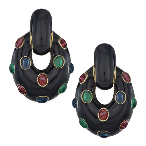 Ciner Black Oval Drop Multi Cabochon Earrings