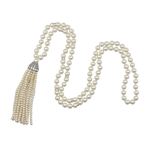 Kenneth Jay Lane Long Pearl Crystal Tassel Necklace