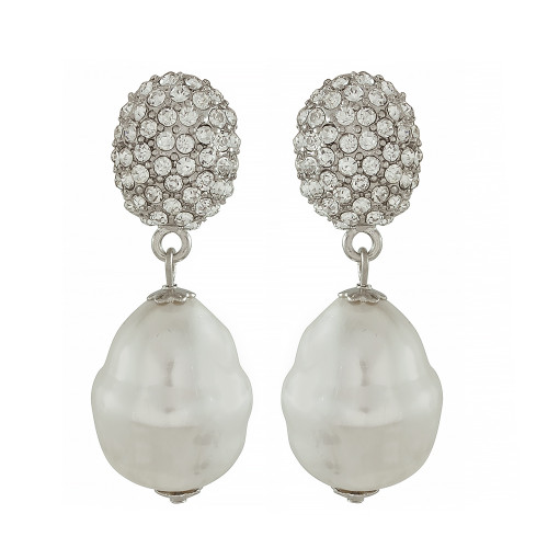Kenneth Jay Lane Silver Crystal Pearl Drop Earrings