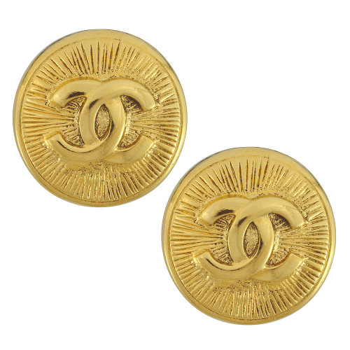 Vintage Chanel Gold CC Textured Logo Button Earrings display picture 1