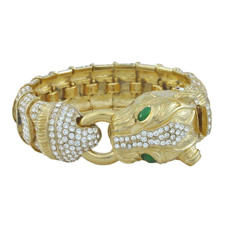Ciner Crystal Emerald Gold Panther Head Link Bracelet