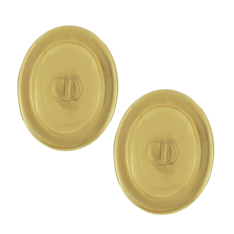 Vintage Christian Dior Gold Logo Oval Earrings
