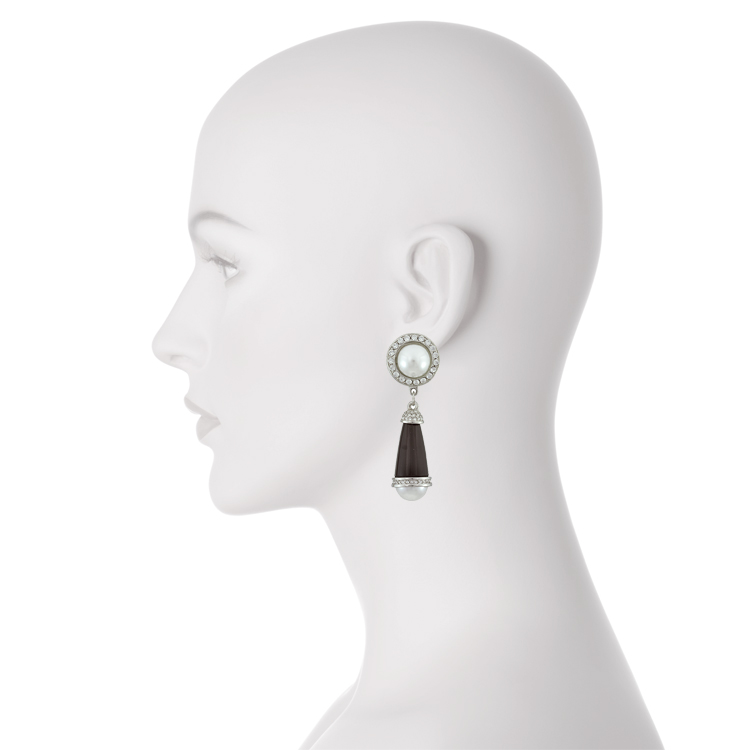 Kenneth Jay Lane Black Art Deco Pearl Crystal Drop Earrings