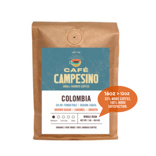 Fair trade, organic, shade-grown coffee from the Fondo Paez cooperative in Colombia.