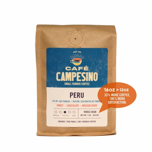 16 oz bag of Peru Single Origin fair trade, organic, shade-grown coffee. Badge reads: 16oz is greater than 12oz, 33% more coffee, 100% more satisfaction.