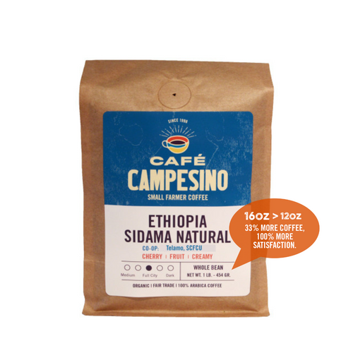 Fair trade, organic, shade-grown, naturally-processed, arabica coffee from the Telama Cooperative in Sidama, Ethiopia