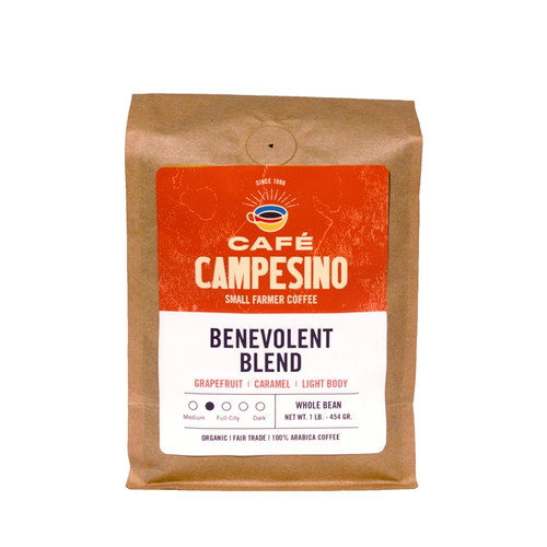 16 oz bag of Benevolent Blend fair trade, organic, shade-grown coffee. 
