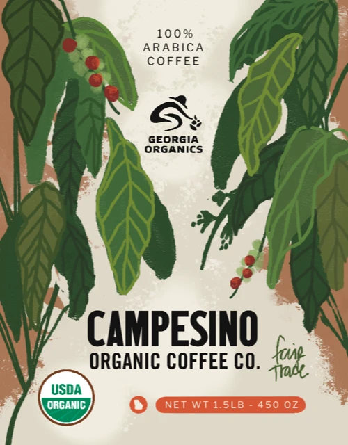 450oz label of Georgia Organics Blend fair trade, organic, shade-grown coffee.