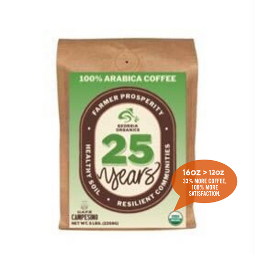 Georgia Organics Blend  is fair trade, organic coffee is medium-bodied with a sweet, fruity fragrance, a fresh, sweet taste, and a gentle, medium acidity that benefits Georgia Organics.