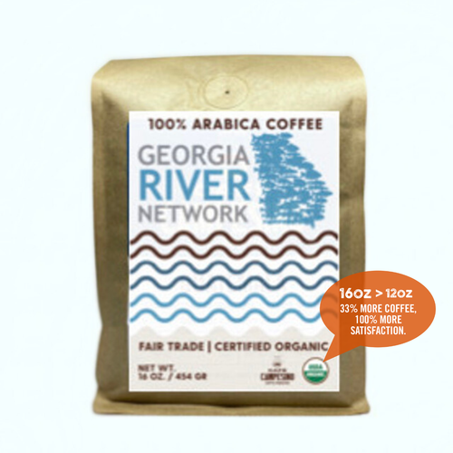 16 oz bag of Georgia River Network Blend fair trade, organic, shade-grown coffee. Badge reads: 16oz is greater than 12oz, 33% more coffee, 100% more satisfaction.