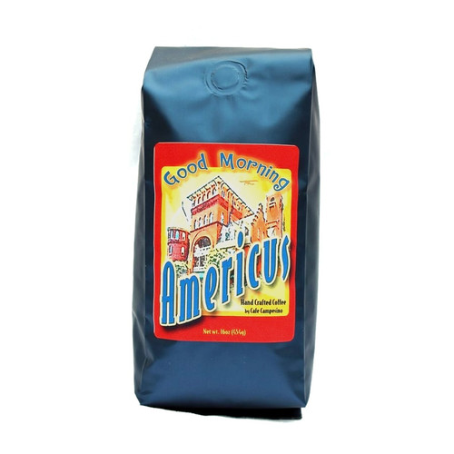 16 oz bag of Good Morning Americus Blend fair trade, organic, shade-grown coffee.