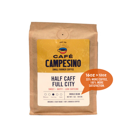 This fair trade, organic, shade-grown coffee is an equal-parts blend of our "natural water process" full-bodied decaf Full City Roast coffee combined with our regular Full City Roast coffees.