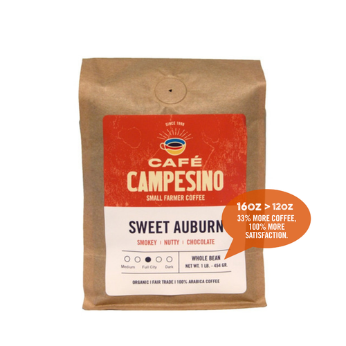 16 oz bag of Sweet Auburn Blend organic coffee. Badge reads: 16oz is greater than 12oz, 33% more coffee, 100% more satisfaction.