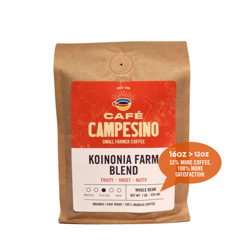 16 oz bag of Koinonia Farm Blend fair trade, organic, shade-grown coffee. Badge reads: 16oz is greater than 12oz, 33% more coffee, 100% more satisfaction.