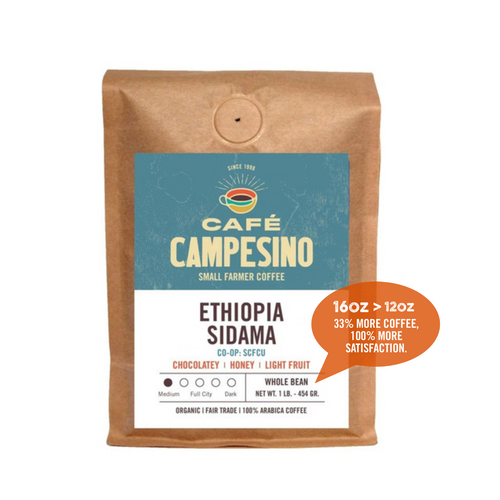 Fair trade, organic, shade-grown, arabica coffee grown by the Fero Cooperative of the SCFCU in Sidama, Ethiopia.