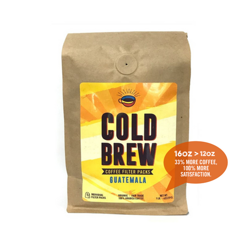 One brown Biotre bag labels "Cold Brew- Guatemala," and containing five 3.2 oz filter packs for Cold Brew home-brewing.