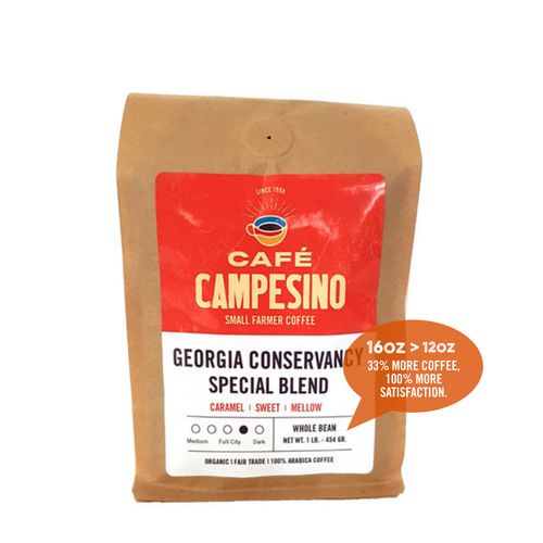 16 oz bag of Georgia Conservancy Special Blend fair trade, organic, shade-grown coffee. Badge reads: 16oz is greater than 12oz, 33% more coffee, 100% more satisfaction.