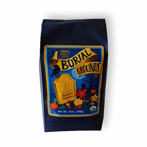 16 oz bag of Burial Grounds Blend fair trade, organic, shade-grown coffee.