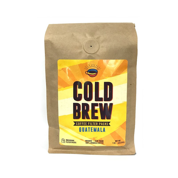 One brown Biotre bag labels "Cold Brew- Guatemala," and containing five 3.2 oz filter packs for Cold Brew home-brewing.