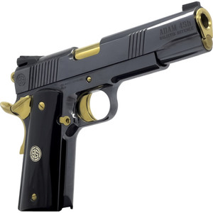 Dickinson LLC DKSN45AB Adam 1911 Acoustic Full Size 45 ACP 8+1 5" Gold Barrel, Shiny Black Steel B Serrations Slide, Shiny Black Steel Frame w/Beavertail