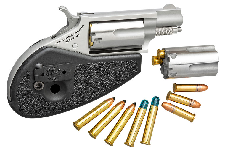 North American Arms 22MSCHG Mini-Revolver  22 LR/22 WMR 5 Shot 1.13" Stainless Steel Barrel, Frame & Cylinder, Black Synthetic Holster Grip, Exposed Hammer