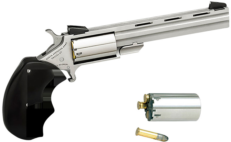 North American Arms MMC Mini-Master *CA Compliant 22 LR 22 WMR 5 Shot 4" Stainless Vent Rib Barrel, Stainless Steel Frame & Cylinder, Black Finger Grooved Rubber Grip, Exposed Hammer