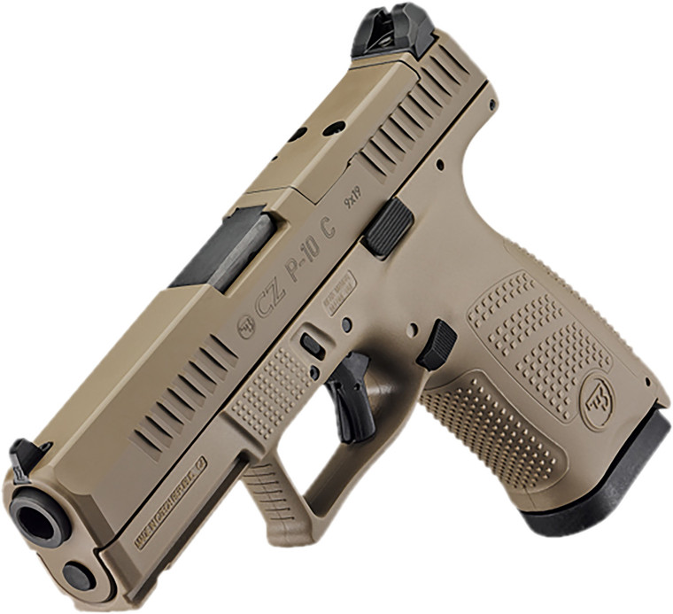 CZ-USA 91577 P-10 C  Compact Frame 9mm Luger 15+1 4.02" Black Stainless Steel Barrel, Black Nitride Serrated Steel Slide, Flat Dark Earth Polymer Frame w/Picatinny Rail, Interchangeable Backstrap Grip