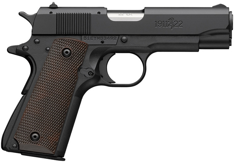 Browning 051064490 1911 A1 Compact Frame 22 LR 10+1 3.63" Stainless Steel Barrel, Matte Black Serrated Slide, Matte Black Polymer Frame, Brown Composite Grip