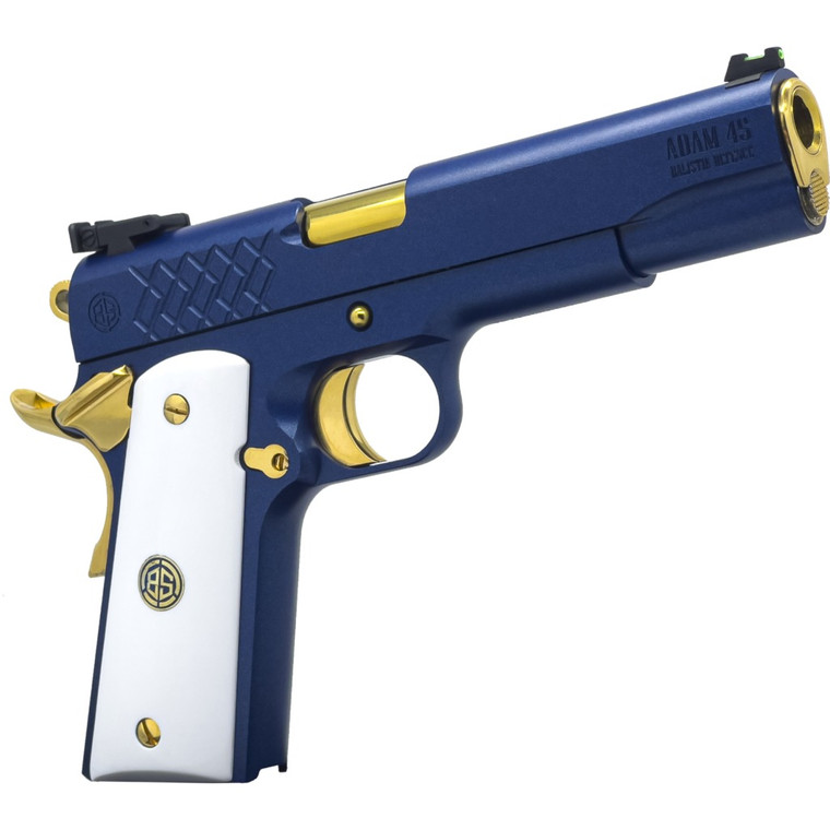 Dickinson LLC DKSN45SM Adam 1911 Sapphire Full Size 45 ACP 8+1 5" Gold Barrel, Blue Sapphire Steel Slide & Frame w/Beavertail White Grip