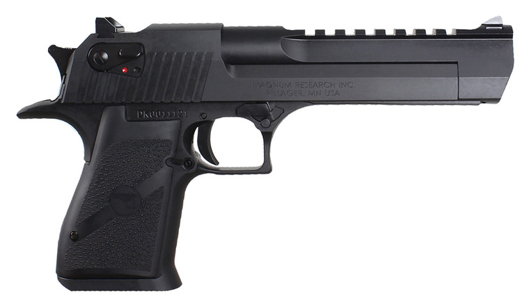 Magnum Research DE50 Desert Eagle Mark XIX 50 AE Caliber with 6" Picatinny Rail Barrel, 7+1 Capacity, Overall Black Finish Carbon Steel, Beavertail Frame, Serrated Slide & Rubber Grip
