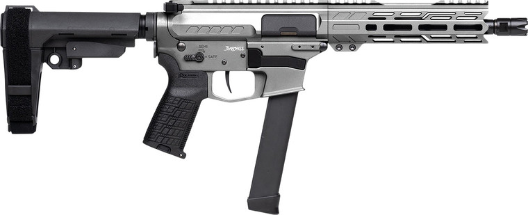 CMMG 99A520FTNG Banshee FE MkGs 9mm Luger 33+1 8" Black Nitride Threaded Barrel, M-LOK Handguard, Tungsten Cerakote Aluminum Receiver w/Picatinny Rail, Black Polymer CMMG RipBrace, CMMG Zeroed Grip