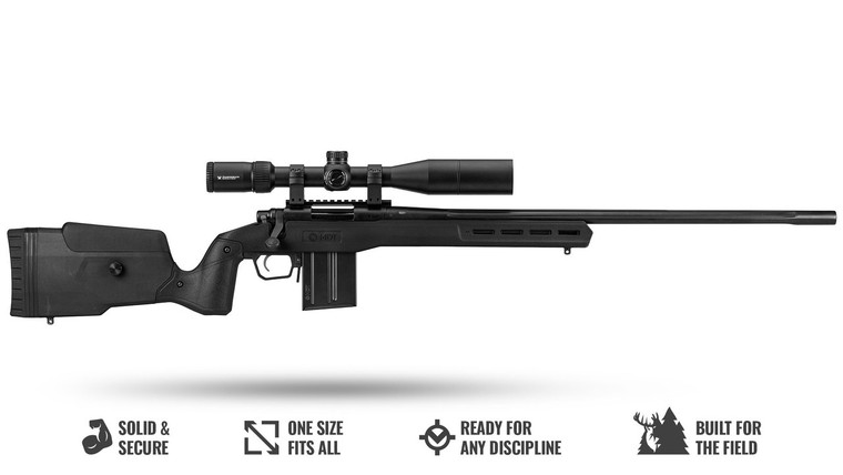 Immerse yourself in the rugged functionality of the MDT Field Stock, as showcased in this image. The stock's durable design and ergonomic features make it an ideal companion for shooters on the move. Experience enhanced mobility without compromising stability, making the MDT Field Stock the perfect choice for dynamic shooting environments.