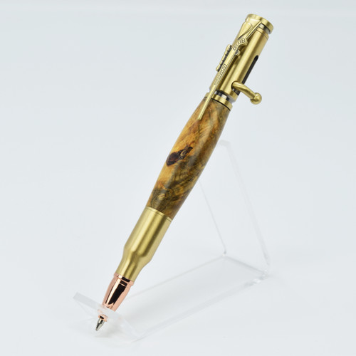 Custom Pen made W/ Buckeye Burl Barrel, Rifle Lever Action Antique Brass  Bullet Pen (#2333)