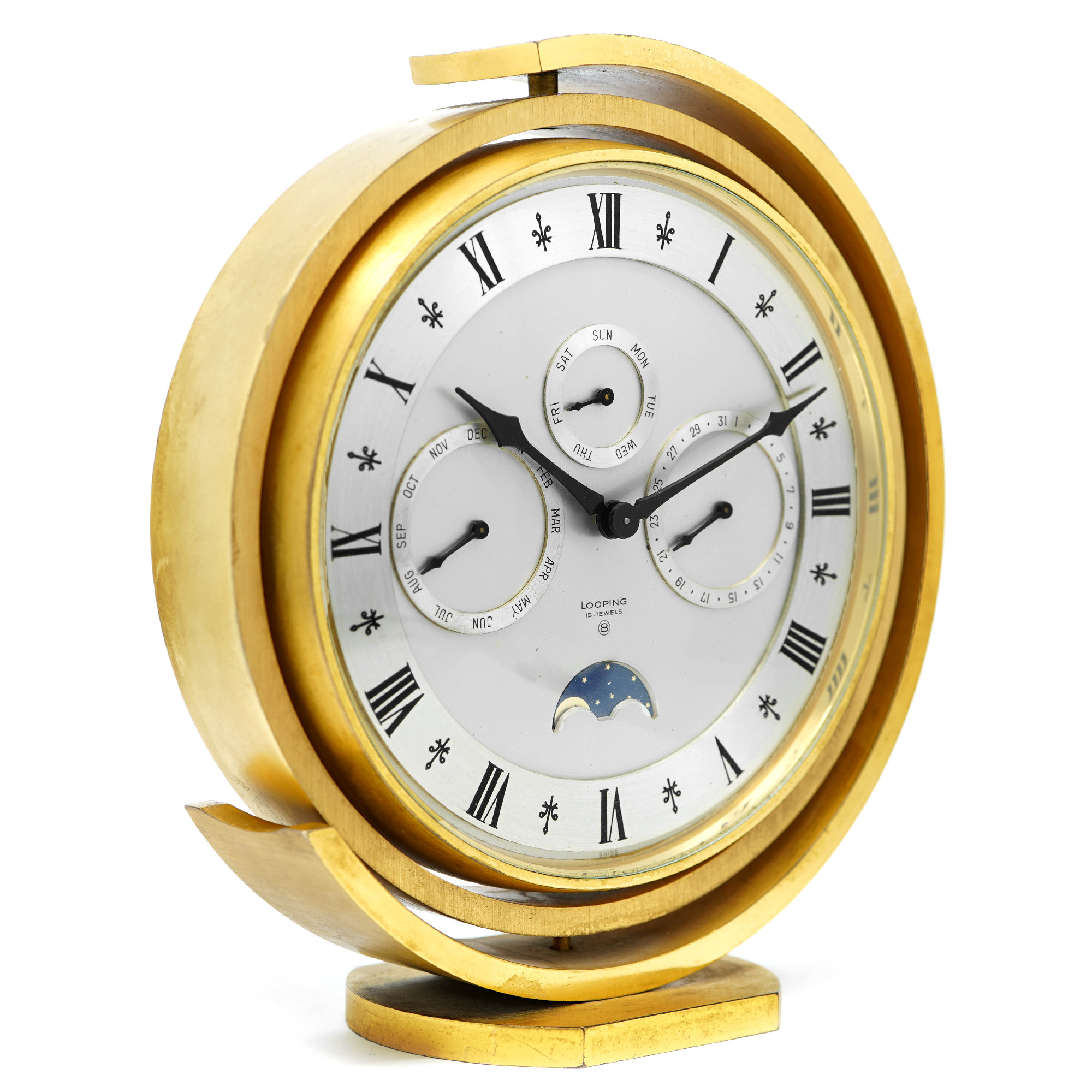 Looping Triple Calendar Moonphase Alarm Desk Clock *Vintage* - Inventory 9215