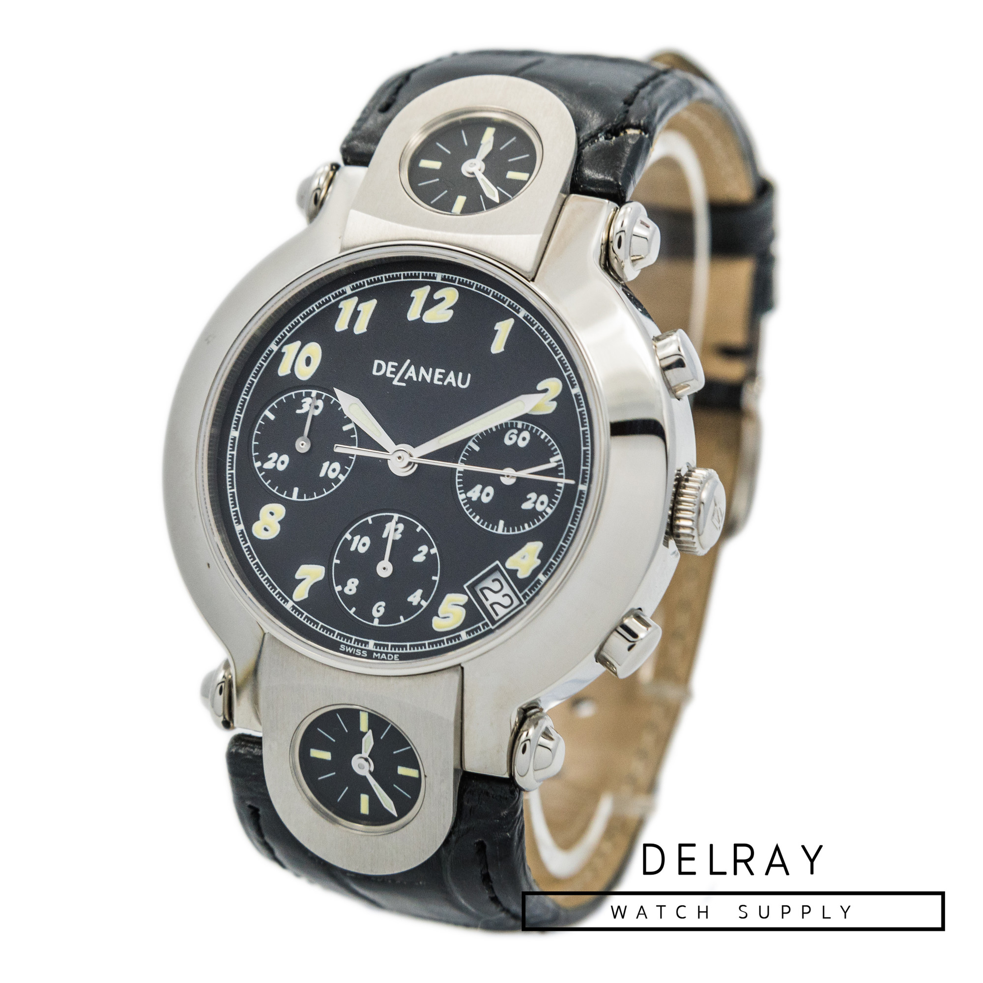 DeLaneau Three Timezone Chronograph Black Dial *UNWORN*