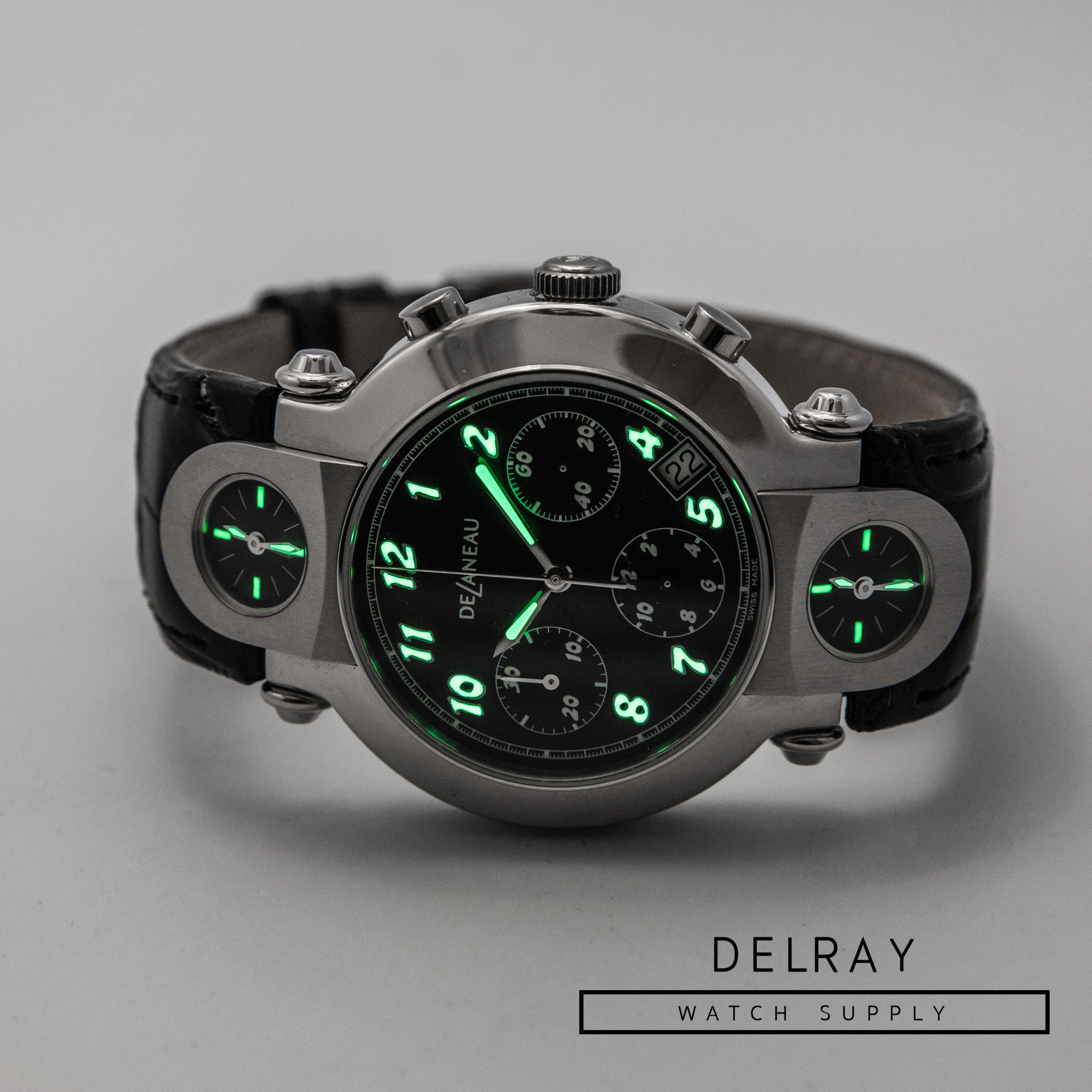 DeLaneau Three Timezone Chronograph Black Dial *UNWORN*