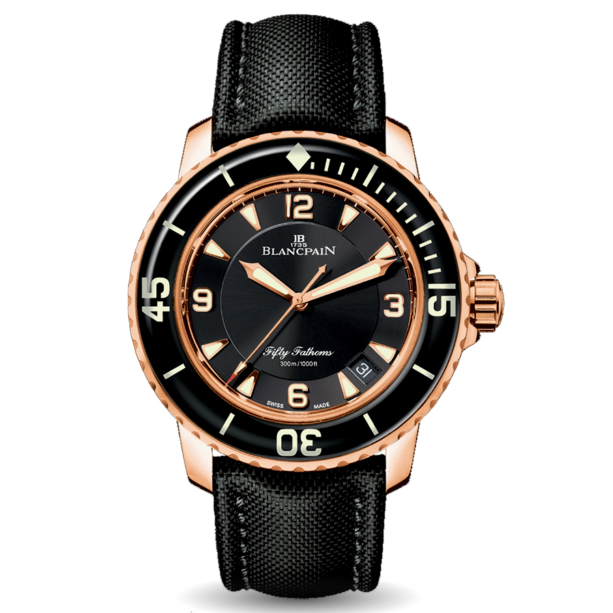 New Blancpain Fifty Fathoms Automatique Black Dial Rose Gold on Cloth Strap