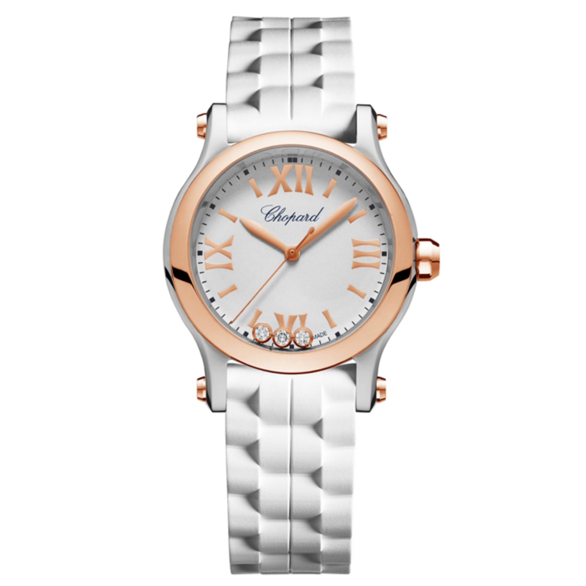 New Chopard Happy Sport 30 Rose Gold Bezel White Dial Steel on White Rubber Strap