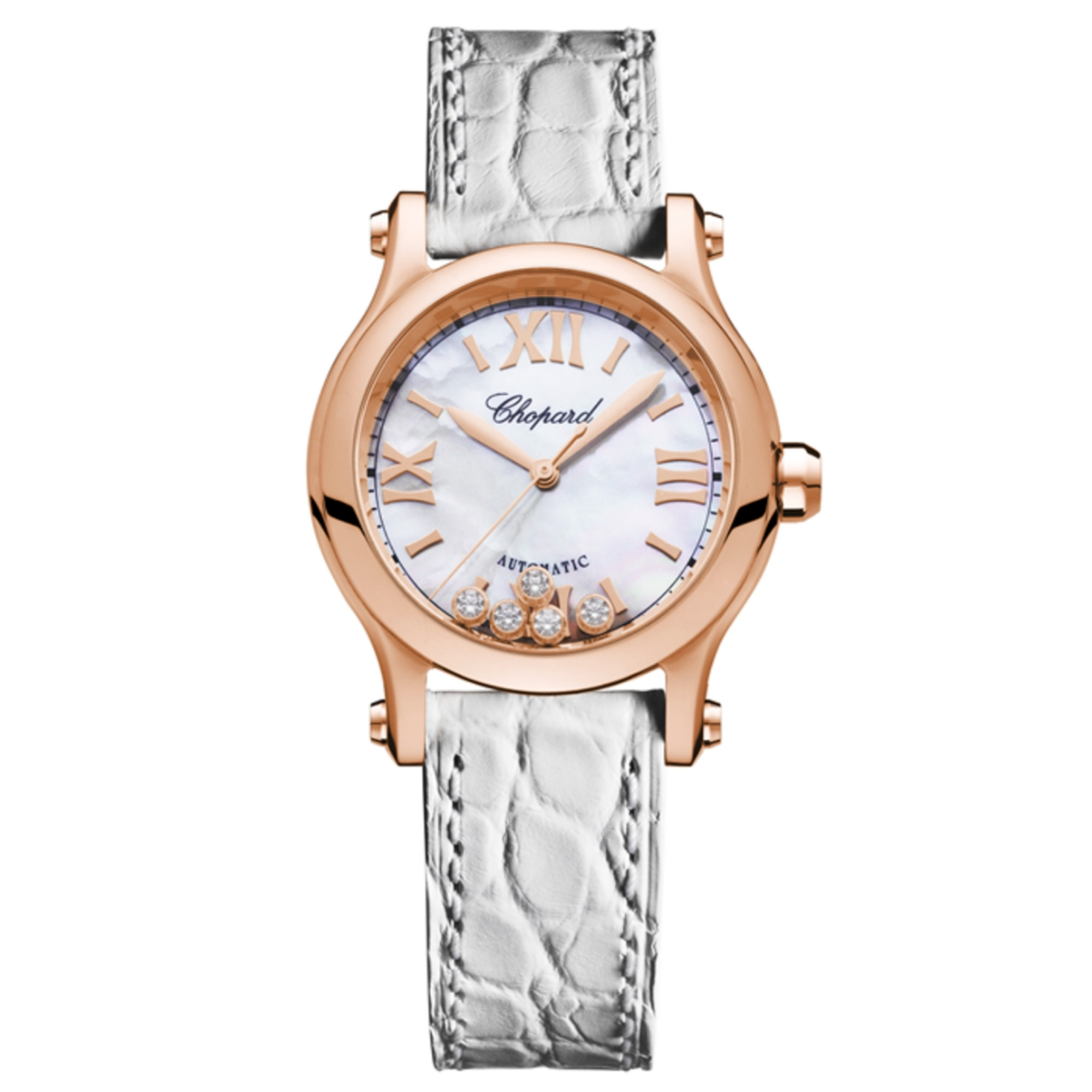 New Chopard Happy Sport 30 White Dial Rose Gold on White Alligator Strap