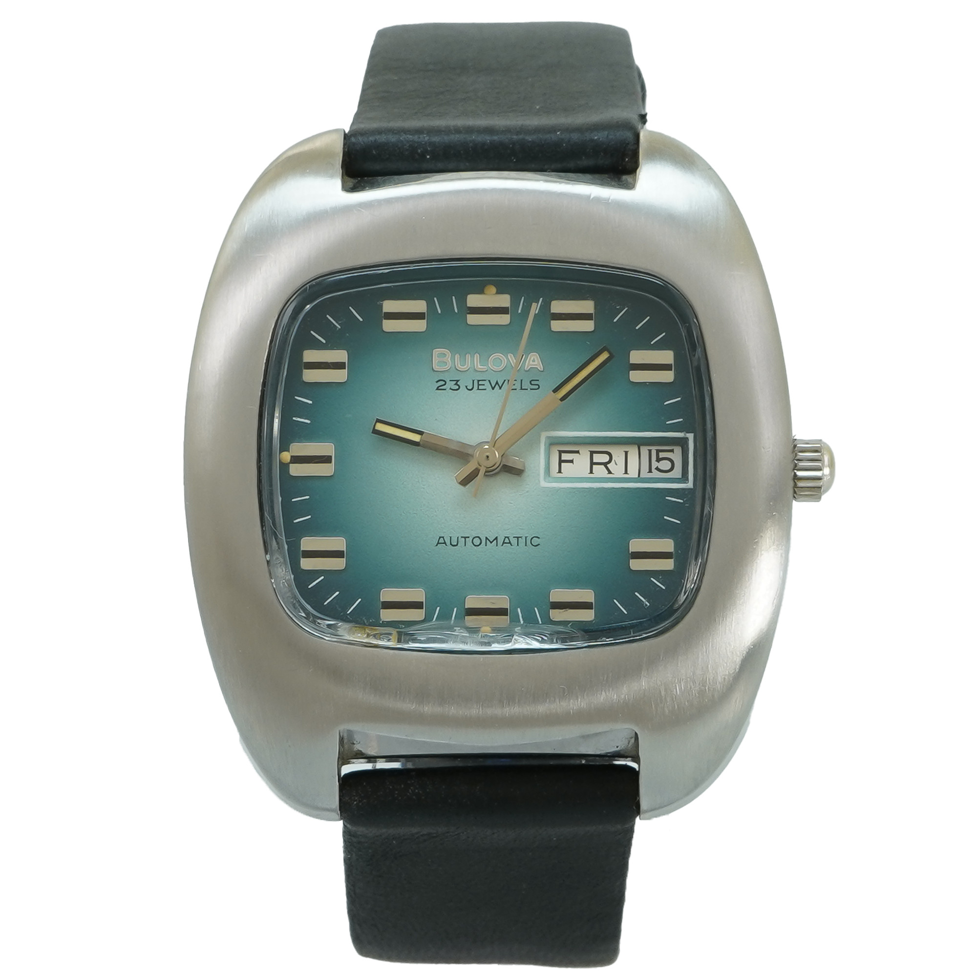 Bulova Cushion Case with Teal Dial Automatic Day Date *Vintage* - Inventory 4048